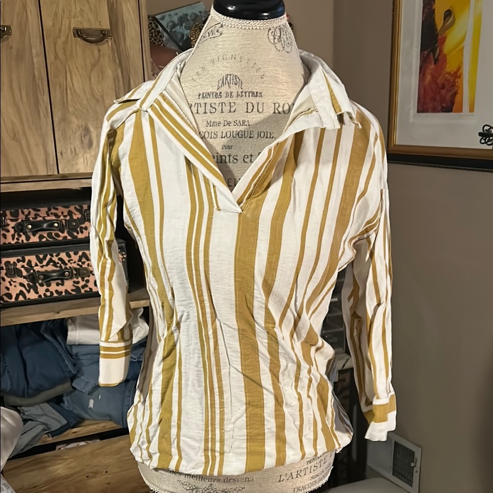 Striped Gold and White Women's Top - Small